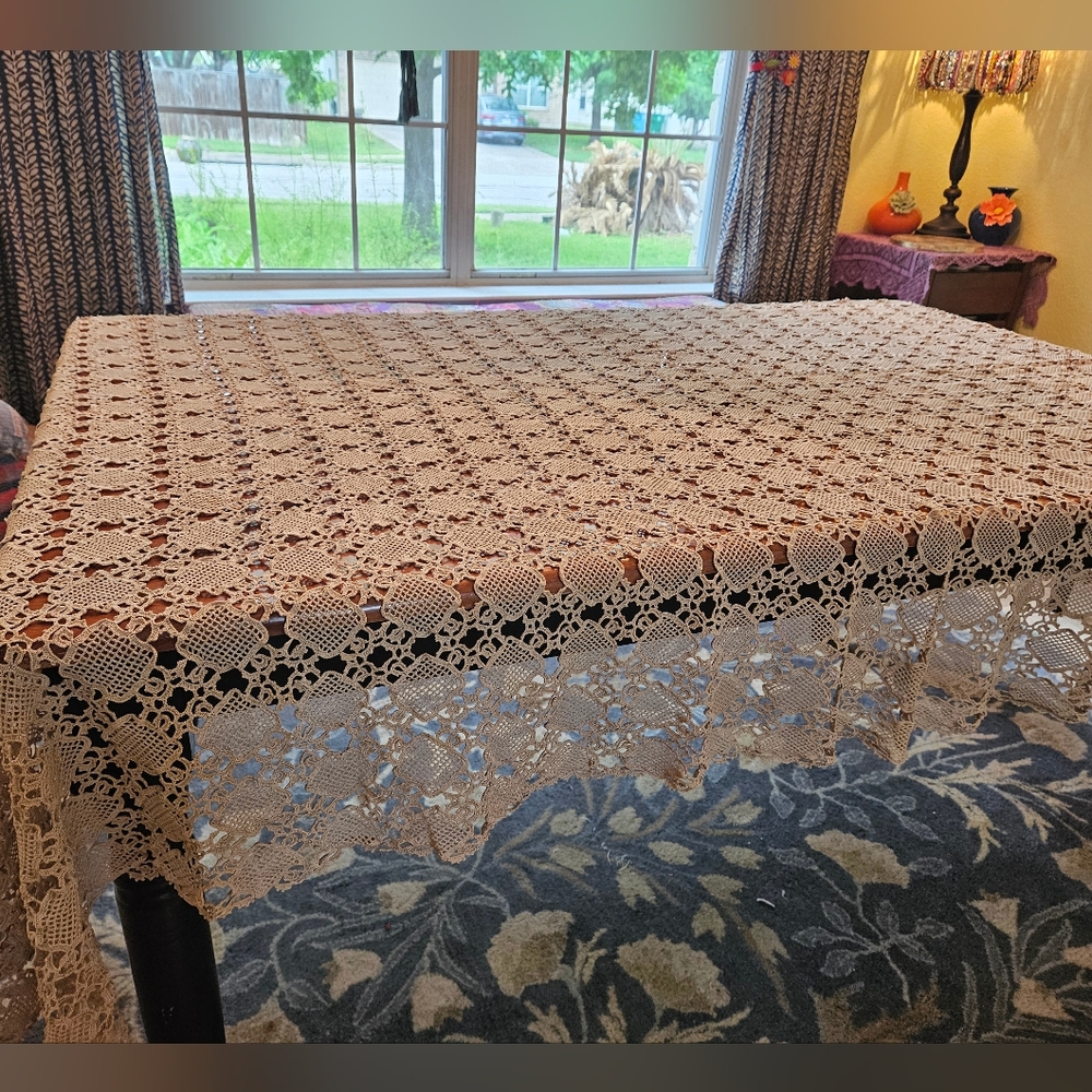 Antique Hand Crocheted Lace Tablecloth